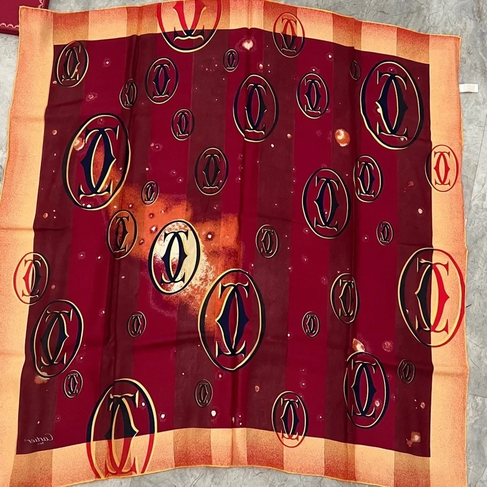 Cartier Paris Silk Scarf - Burgundy & Orange Double C Logo Print NIB